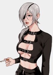 Rule 34 | 1girl, black eyes, black pants, black shirt, breasts, buckle, chainsaw man, cigarette, cleavage cutout, closed eyes, clothing cutout, cropped shirt, eyepatch, fingernails, hair over one eye, hair over shoulder, highres, holding, holding cigarette, imeko san, long sleeves, looking up, low ponytail, medium breasts, pants, ponytail, quanxi (chainsaw man), shirt, sidelocks, silver trim, simple background, solo, upper body, white background, white hair