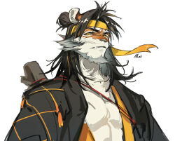Rule 34 | absurdres, arknights, chinese commentary, fang, furrowed brow, furry, furry male, headband, highres, huai tianpei (arknights), long hair, looking at viewer, male focus, missasa, tiger boy, white background, yellow eyes, yellow headband