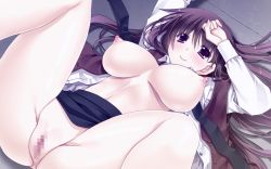 Rule 34 | 1girl, arms up, bare legs, blush, breasts, brown hair, censored, closed mouth, from above, game cg, large breasts, long hair, looking at viewer, love relation, lying, mosaic censoring, nipples, no panties, on back, open clothes, open shirt, pussy, red eyes, ryuuga shou, saman sakurako, shirt, skirt, smile, spread legs, underboob