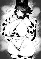 Rule 34 | 1girl, animal ears, animal print, bikini, blunt bangs, blush, bow, breasts, cat ears, cat girl, cat tail, cleavage, closed mouth, cow print, cow print bikini, curvy, detached collar, elbow gloves, extra ears, gloves, greyscale, groin, hair bow, haseru (ginku mh), heart, heart-shaped pupils, huge breasts, kaenbyou rin, looking at viewer, monochrome, multiple tails, navel, nekomata, pointy ears, print bikini, solo, swimsuit, symbol-shaped pupils, tail, thighhighs, touhou, two tails