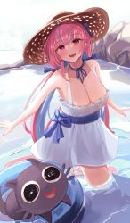 Rule 34 | 1girl, absurdres, ahoge, blue hair, blue ribbon, blunt bangs, blush, bow, breasts, cleavage, colored inner hair, daran9, dress, frilled dress, frills, hair ribbon, hat, highres, hololive, large breasts, long hair, looking at viewer, minato aqua, multicolored hair, nail polish, neko (minato aqua), open mouth, pink hair, purple eyes, purple hair, ribbon, sash, smile, solo, streaked hair, twintails, two-tone hair, virtual youtuber, wading, water, white dress