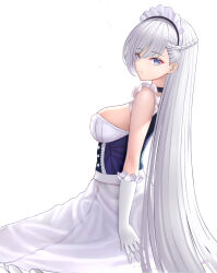 Rule 34 | 1girl, azur lane, belfast (azur lane), black choker, braid, breasts, choker, cleavage, covered erect nipples, dress, french braid, frilled dress, frilled gloves, frills, from side, gloves, highres, large breasts, long hair, long skirt, looking at viewer, low neckline, maid, maid headdress, purple eyes, sitting, skirt, smile, tina (tinafya), very long hair, white background, white gloves, white hair