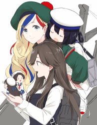 Rule 34 | 5girls, :d, anchor hair ornament, arashio (kancolle), bad id, bad twitter id, beret, blonde hair, blue eyes, blue hair, brown hair, carrying, commandant teste (kancolle), commentary request, daitou (kancolle), fairy (kancolle), hair ornament, hat, highres, kantai collection, long hair, long sleeves, looking at another, looking at viewer, looking away, morinaga miki, multicolored hair, multiple girls, necktie, open mouth, piggyback, pom pom (clothes), ponytail, profile, red hair, remodel (kantai collection), rigging, sailor collar, school uniform, serafuku, shoes, simple background, skilled lookouts (kancolle), sleeping, smile, streaked hair, uwabaki, white background, white hair