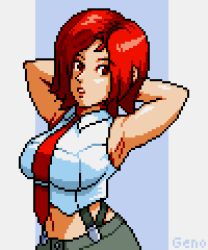 Rule 34 | 1girl, breasts, large breasts, looking at viewer, midriff, navel, pixel art, red eyes, red hair, snk, the king of fighters, vanessa (kof)
