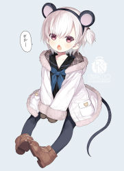 Rule 34 | 1girl, animal ears, artist name, between legs, black hairband, black pantyhose, black sailor collar, black serafuku, black shirt, black skirt, blue background, blue neckerchief, blush, boots, brown footwear, brown mittens, capriccio, chestnut mouth, chinese zodiac, commentary request, fake animal ears, fang, full body, fur-trimmed hood, fur-trimmed jacket, fur-trimmed sleeves, fur trim, hair between eyes, hairband, hand between legs, hood, hood down, hooded jacket, jacket, kaburi chiko, long hair, long sleeves, looking at viewer, mittens, mouse ears, mouse girl, mouse tail, neckerchief, one side up, open mouth, original, pantyhose, red eyes, sailor collar, school uniform, serafuku, shirt, simple background, sitting, skirt, sleeves past wrists, solo, tail, translation request, white hair, white jacket, year of the rat