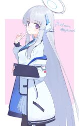 Rule 34 | 1girl, absurdres, black pantyhose, blue archive, blue necktie, blush, collared shirt, finger to face, formal, from side, grey hair, halo, headgear, headphones, highres, id card, jacket, jacket partially removed, kurobeko (kur0bek0), long hair, long sleeves, looking at viewer, mechanical halo, necktie, noa (blue archive), off shoulder, pantyhose, pleated skirt, purple eyes, shirt, skirt, solo, suit, two-sided fabric, two-sided jacket, white jacket, white shirt, white skirt, white suit
