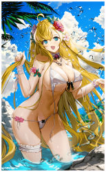 Rule 34 | 1girl, absurdly long hair, absurdres, ahoge, artist name, bare shoulders, bikini, blonde hair, blue eyes, blue sky, breasts, bridal garter, cleavage, cloud, day, detached collar, flower, front-tie bikini top, front-tie top, hair flower, hair ornament, highres, holding, holding hair, jewelry, large breasts, long hair, looking at viewer, lowleg, lowleg bikini, nail polish, navel, necklace, nike (nike1060), open mouth, original, outdoors, palm tree, pink flower, pink lips, pink nails, red flower, side-tie bikini bottom, sky, smile, solo, summer, swimsuit, tree, untied bikini, very long hair, wading, water, water drop, wet, white bikini, wrist cuffs