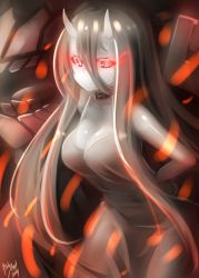 Rule 34 | 10s, 1girl, abyssal ship, arm behind back, battleship princess, black hair, breasts, cleavage, horns, kantai collection, large breasts, long hair, pale skin, red eyes, solo, sparks, tilt-shift (azalanz)
