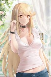Rule 34 | 1girl, absurdres, armlet, black choker, blonde hair, blue pants, blush, breasts, choker, cleavage, collarbone, commentary, denim, english commentary, hand up, highres, j@ck, jeans, large breasts, light smile, long hair, looking at viewer, midriff peek, mythra (xenoblade), pants, shirt, solo, standing, swept bangs, white shirt, wristband, xenoblade chronicles (series), xenoblade chronicles 2, yellow eyes