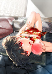 Rule 34 | 1girl, bad id, bad pixiv id, black hair, blunt bangs, braid, braided bun, breasts, carpet, china dress, chinese clothes, cleavage cutout, clothing cutout, commentary request, double bun, dress, food, foreshortening, fruit, full body, hair bun, hand on leg, highres, holding, holding food, holding fruit, indoors, looking at viewer, lower teeth only, lying, medium breasts, multiple braids, on back, oono kanae, open mouth, original, peach, pelvic curtain, pillow, quad braids, short hair, solo, teeth, tile floor, tiles