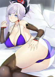 Rule 34 | 1girl, ass, asymmetrical hair, bed sheet, bikini, black thighhighs, blue bikini, blue eyes, blush, breasts, brown thighhighs, cleavage, collarbone, commentary request, detached sleeves, earrings, fate/grand order, fate (series), hair ornament, hand on own ass, indoors, jewelry, large breasts, long hair, looking at viewer, lying, miyamoto musashi (fate), ponytail, silver hair, solo, swimsuit, takatou suzunosuke, thighhighs