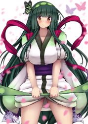 Rule 34 | 1girl, blush, breasts, bug, butterfly, butterfly on head, cleavage, green hair, hairband, highres, holding, huge breasts, insect, japanese clothes, kimono, large breasts, long hair, looking at viewer, obi, petals, sash, short sleeves, smile, solo, standing, touhoku zunko, v arms, very long hair, vocaloid, voiceroid, yellow eyes, yuzumiya mono