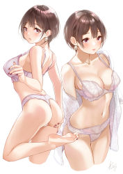 Rule 34 | 1girl, arched back, ass, bare arms, bare legs, bare shoulders, barefoot, bra, breasts, brown eyes, brown hair, brown nails, cleavage, closed mouth, collarbone, cropped legs, earrings, from behind, glint, hand on own ass, highres, jewelry, koji (kojikojimdw), large breasts, leg up, lipstick, looking at viewer, looking back, makeup, multiple views, nail polish, navel, necklace, off shoulder, open clothes, open mouth, open shirt, original, panties, see-through, short hair, simple background, single bare shoulder, standing, standing on one leg, thigh gap, toenail polish, toenails, underwear, underwear only, white background, white bra, white panties