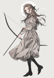 Rule 34 | 1girl, archery, arrow (projectile), artemis (mythology), black footwear, black pantyhose, black ribbon, blue eyes, bow (weapon), brown hair, closed mouth, dress, ena (enaa97), english text, frilled dress, frills, full body, grey background, highres, holding, holding arrow, holding bow (weapon), holding weapon, juliet sleeves, long hair, long sleeves, looking at viewer, lying, on side, original, pantyhose, puffy sleeves, ribbon, shoes, simple background, solo, standing, standing on one leg, straight hair, weapon, white background, white dress