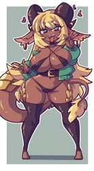 Rule 34 | 1girl, absurdres, animal ears, belt, bikini, black thighhighs, blonde hair, breasts, bright pupils, commission, curvy, daigada, dark-skinned female, dark skin, dragon ears, dragon girl, dragon horns, dragon tail, earrings, fangs, forked tongue, green eyes, heart, highres, hood, hoodie, horn ornament, horn ring, horns, jewelry, large breasts, long hair, micro bikini, mole, mole under eye, naughty face, navel, no nose, open clothes, open hoodie, open mouth, original, pyrite (ironbunz), scales, short eyebrows, shortstack, smile, solo, swimsuit, tail, thick thighs, thighhighs, thighs, toeless legwear, tongue, tongue out, underbust, v, very long hair, wide hips