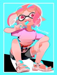 Rule 34 | aqua background, black shorts, border, eating, eyewear on head, fang, food, full body, glasses, highres, hiking sandals, holding, holding food, ice cream, iguana152588, inkling, inkling girl, inkling player character, looking to the side, nintendo, open mouth, pink eyes, pink hair, pink shirt, poin (hidsuki), sandals, shirt, short hair, short shorts, short sleeves, shorts, simple background, sitting, smile, splatoon (series), squatting, twitter username, white border