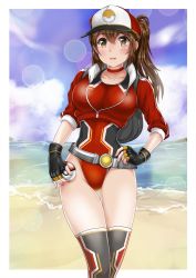 Rule 34 | 10s, 1girl, adapted costume, backpack, bag, baseball cap, beach, belt, brown eyes, brown hair, choker, competition swimsuit, creatures (company), cropped jacket, female protagonist (pokemon go), fingerless gloves, game freak, gloves, hat, highres, long hair, mashinatsu, nintendo, ocean, one-piece swimsuit, poke ball, pokemon, pokemon go, ponytail, solo, standing, swimsuit, swimsuit under clothes, thighhighs