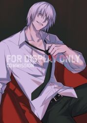 Rule 34 | 1boy, absurdres, bishounen, black necktie, blue eyes, dante (devil may cry), devil may cry, devil may cry (series), devil may cry 3, formal, hao xiang yishui bu xing, highres, long hair, looking at viewer, male focus, necktie, open clothes, pale skin, shirt, smile, solo, upper body, white hair, white shirt