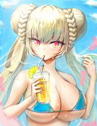Rule 34 | 1girl, azur lane, bad id, bad pixiv id, blue sky, blush, braid, braided bun, breasts, cleavage, cloud, commentary request, cup, day, double bun, drinking, drinking glass, drinking straw, drinking straw in mouth, food, formidable (azur lane), formidable (the lady of the beach) (azur lane), fruit, grey hair, hair bun, holding, holding cup, huge breasts, lemon, lemon slice, long hair, looking at viewer, red eyes, sauvignon, sky, solo, sweat, upper body, very long hair
