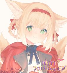 Rule 34 | 1girl, alternate costume, animal ears, arknights, blonde hair, braid, braided hair rings, closed mouth, commentary, fox ears, fox girl, fox tail, green eyes, hair ribbon, hairband, halloween, highres, kitsune, kyuubi, looking at viewer, multiple tails, red hairband, red ribbon, ribbon, short hair, smile, solo, suzuran (arknights), tail, tochi (tochitochi2523), twin braids
