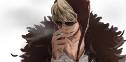 Rule 34 | 10s, 1boy, 2014, bad id, bad pixiv id, blonde hair, cape, character name, cigarette, cm (nmnmcnm), dated, donquixote rocinante, earflap hat, facial mark, feather boa, feathers, fur cape, hair over one eye, hat, heart, heart print, looking at viewer, male focus, one piece, short hair, smoke, smoking, solo, sunglasses, upper body