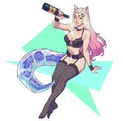 Rule 34 | 1girl, ahri (league of legends), alcohol, animal ears, bare shoulders, black thighhighs, blanclauz, blonde hair, bottle, breasts, bust cup, champagne, champagne bottle, closed mouth, facial mark, fingernails, fox ears, fox girl, fox tail, garter belt, gradient hair, hair ornament, hairclip, highres, holding, holding bottle, k/da (league of legends), league of legends, lingerie, long hair, multicolored hair, nail polish, no shoes, pink hair, pink nails, shiny skin, smile, solo, spilling, tail, the baddest ahri, thighhighs, twitter username, underwear, wakamezake, whisker markings