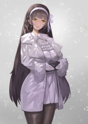 Rule 34 | 1girl, alternate costume, bad id, bad pixiv id, bag, black hair, black pantyhose, blunt bangs, blush, breasts, coat, dress, earrings, flower, fur-trimmed coat, fur trim, girls&#039; frontline, gloves, hair flower, hair ornament, hairband, handbag, head tilt, holding, holding bag, jewelry, large breasts, legs together, long hair, looking at viewer, pantyhose, parted lips, riko (ccllnnhh), sleeves past wrists, smile, snow, snowing, solo, standing, type 95 (girls&#039; frontline), very long hair, white coat, white dress, white gloves, white hairband, winter clothes, yellow eyes