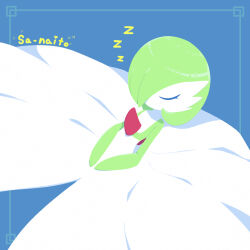 Rule 34 | 1girl, afuron, blue background, blue border, bob cut, border, character name, closed eyes, colored skin, creatures (company), female focus, flat chest, from above, game freak, gardevoir, gen 3 pokemon, green hair, green skin, hair over one eye, highres, lying, multicolored skin, nintendo, no lineart, no mouth, on back, one eye covered, outside border, own hands together, pokemon, pokemon (creature), romaji text, short hair, simple background, sleeping, solo, two-tone skin, u u, white skin, zzz