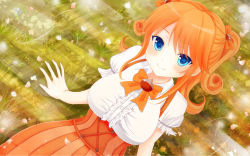 Rule 34 | 1girl, alternate costume, blouse, blue eyes, blush, bow, breasts, cleavage, closed mouth, corset, dress, flower, girlfriend (kari), grass, hair ornament, highres, looking at viewer, masa (mirage77), medium breasts, orange bow, orange dress, orange hair, outdoors, sagara emi, shirt, sitting, smile, solo, tagme, twintails, white shirt