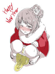 Rule 34 | 1girl, blush, brown hair, embarrassed, flower, from above, fur-trimmed kimono, fur trim, hair bun, hair flower, hair ornament, happy new year, highres, japanese clothes, kanpachin, kimono, long sleeves, looking at viewer, looking up, new year, one eye closed, original, panties, panty pull, pee stain, peeing, puddle, red kimono, sandals, single hair bun, socks, squatting, stained panties, sweat, underwear, wet, wet clothes, wet panties, white background, white panties, wide sleeves