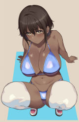 Rule 34 | 1girl, all fours, arm support, bikini, breasts, brown hair, cleavage, dark-skinned female, dark skin, from above, hai ookami, huge breasts, large breasts, looking up, navel, original, short hair, sitting, solo, swimsuit, tan, thighhighs, white thighhighs, yellow eyes