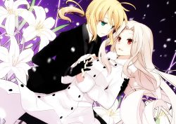 Rule 34 | 2girls, ahoge, artoria pendragon (all), artoria pendragon (fate), black legwear, blonde hair, blush, boots, coat, couple, eye contact, fate/stay night, fate/zero, fate (series), flower, formal, gloves, green eyes, holding hands, interlocked fingers, irisviel von einzbern, kurot, lily (flower), long hair, looking at another, multiple girls, open mouth, pant suit, pants, pantyhose, ponytail, red eyes, saber (fate), short hair, smile, suit, thigh boots, thighhighs, white hair, yuri