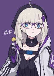 Rule 34 | 1girl, aa-12 (girls&#039; frontline), absurdres, ahoge, bags under eyes, bespectacled, black gloves, black headwear, black jacket, black shirt, black stripes, blue eyes, blue headwear, blunt bangs, blunt ends, breasts, bright pupils, buckle, candy, character name, closed mouth, collarbone, commentary, detached collar, drawstring, food, frown, girls&#039; frontline, glasses, gloves, hair ornament, highres, holding, holding food, hood, hood down, hooded jacket, jacket, lollipop, long sleeves, looking away, medium hair, multicolored clothes, multicolored jacket, open clothes, open jacket, pale skin, papaia (quentingqoo), purple-framed eyewear, purple background, purple gloves, purple jacket, shirt, simple background, sleeveless, sleeveless shirt, small breasts, snap-fit buckle, solo, star (symbol), star hair ornament, star in eye, striped clothes, striped jacket, symbol in eye, triangle, turtleneck, two-tone gloves, upper body, weapon name, white hair, white jacket, white pupils, zipper