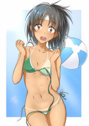 Rule 34 | 10s, 1girl, areola slip, ball, beachball, bikini, bikini tan, black hair, blush, breasts, clenched hands, forearms at chest, headband, kanden sky, kantai collection, nagara (kancolle), open mouth, short hair, side ponytail, small breasts, solo, swimsuit, tan, tanline, wrists extended