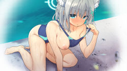 Rule 34 | 1girl, :o, absurdres, animal ear fluff, animal ears, anshinmama, ass, bare arms, bare legs, bare shoulders, barefoot, blue archive, blue eyes, blue one-piece swimsuit, blush, breasts, cat ears, collarbone, competition swimsuit, cross hair ornament, day, hair ornament, halo, highres, kneeling, leaning forward, looking at viewer, medium breasts, nipples, one-piece swimsuit, one breast out, outdoors, parted lips, pool, pulling own clothes, shiroko (blue archive), shiroko (swimsuit) (blue archive), short hair, silver hair, solo, strap pull, swimsuit, undressing, water