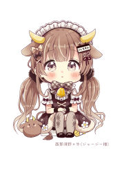 Rule 34 | 1girl, :o, absurdres, animal, animal ears, argyle, argyle clothes, argyle legwear, bell, black dress, black footwear, blouse, blush, bow, brown eyes, brown hair, chibi, cow, cow ears, cow girl, cow horns, cow tail, dress, flower, full body, fur-trimmed dress, fur trim, grey pantyhose, highres, horns, knees up, long hair, looking at viewer, maid headdress, original, pantyhose, parted lips, plaid, plaid bow, sakura oriko, shirt, shoes, short sleeves, simple background, sitting, sleeveless, sleeveless dress, solo, tail, translated, twintails, very long hair, white background, white flower, white shirt