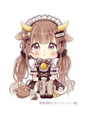 1girl :o absurdres animal animal_ears argyle_clothes argyle_pantyhose bell black_dress black_footwear blouse blush bow brown_eyes brown_hair chibi cow cow_ears cow_girl cow_horns cow_tail dress flower full_body fur-trimmed_dress fur_trim grey_pantyhose highres horns knees_up long_hair looking_at_viewer maid_headdress original pantyhose parted_lips plaid_bow sakura_oriko shirt shoes short_sleeves simple_background sitting sleeveless sleeveless_dress solo tail translated twintails very_long_hair white_background white_flower white_shirt