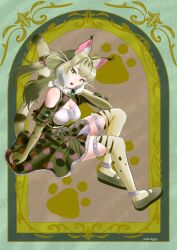 Rule 34 | 1girl, aburaeoyaji, animal ears, bare shoulders, camouflage, cat ears, cat girl, cat tail, extra ears, fingerless gloves, gloves, green eyes, highres, jungle cat (kemono friends), kemono friends, kemono friends v project, kneehighs, long hair, looking at viewer, microphone, open mouth, ribbon, shirt, shoes, skirt, socks, solo, tail, twintails, virtual youtuber