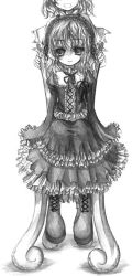Rule 34 | 2girls, :d, alice margatroid, alternate costume, boots, chair, expressionless, female focus, gothic lolita, greyscale, kirisame marisa, kurona, lolita fashion, looking at viewer, monochrome, multiple girls, open mouth, simple background, sitting, smile, touhou, wavy hair, white background