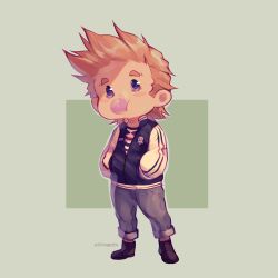 Rule 34 | 1boy, addy (@vegeebs), alternate costume, blonde hair, blue eyes, blue jacket, blush, boku no hero academia, casual, chewing gum, chibi, denim, full body, hands in pockets, highres, jacket, jeans, looking at viewer, male focus, pants, short hair, solo, spiked hair, togata mirio