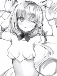 Rule 34 | ;p, ahoge, animal ears, armband, armpits, bare shoulders, blush, breasts, collarbone, dot nose, fox ears, greyscale, highres, hololive, hololive gamers, leotard, long hair, looking at viewer, medium breasts, monochrome, nanashi (nlo), one eye closed, playboy bunny, rabbit pose, shirakami fubuki, simple background, tagme, tongue, tongue out, virtual youtuber, white background