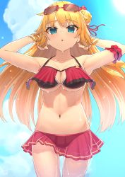 Rule 34 | 1girl, absurdres, akai haato, akai haato (hololive summer 2019), arm strap, armpits, bad id, bad twitter id, bikini, blonde hair, blue eyes, blush, breasts, cleavage, day, eyewear on head, frilled bikini, frills, hair ornament, hair ribbon, hands in hair, heart, heart hair ornament, highres, hololive, long hair, looking at viewer, medium breasts, navel, one side up, open mouth, outdoors, red ribbon, ribbon, solo, stomach, sunglasses, swimsuit, thighs, tihoro1609, very long hair, virtual youtuber, wet