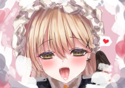 Rule 34 | 1girl, blonde hair, blush, brown eyes, cream, cream on face, cross, cross earrings, earrings, food, food on face, frilled hairband, frills, girls&#039; frontline, hairband, highres, jewelry, looking at viewer, martinreaction, naughty face, pov, ppk (girls&#039; frontline), puffy short sleeves, puffy sleeves, saliva, saliva trail, short sleeves, smile, solo