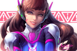Rule 34 | 10s, 1girl, 2016, :d, animal print, armor, artist name, bodysuit, breasts, brown eyes, brown hair, d.va (overwatch), dated, eyelashes, facepaint, facial mark, grin, headphones, high collar, lipstick, long hair, looking at viewer, makeup, matching hair/eyes, mr h.l., nose, open mouth, overwatch, overwatch 1, pauldrons, pilot suit, pink lips, rabbit print, ribbed bodysuit, shoulder armor, shoulder pads, smile, solo, whisker markings
