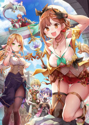 Rule 34 | 2boys, 3girls, alt (ctrldel), arch, atelier (series), atelier ryza, atelier ryza 2, bare shoulders, belt, black gloves, blonde hair, blue eyes, blue hair, braid, breasts, brown eyes, brown hair, cape, cleavage, closed mouth, cloud, collarbone, dress, eating, fingerless gloves, front slit, glasses, gloves, goggles, goggles on eyes, green eyes, hair ornament, hairband, hand to forehead, hat, highres, holding, holding staff, holding weapon, jewelry, key, key necklace, klaudia valentz, large breasts, lent marslink, long hair, looking at viewer, monster, multiple boys, multiple girls, necklace, on one knee, open mouth, pantyhose, patricia abelheim, purple dress, red hair, red shorts, reisalin stout, ribbon, robe, rock, salute, short hair, short shorts, shorts, single thighhigh, skindentation, sky, smile, staff, sunlight, sword, tao mongarten, thighhighs, thighs, twintails, weapon, white headwear, white robe