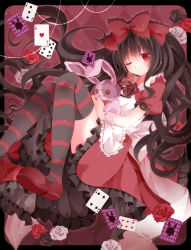 Rule 34 | 1girl, black flower, black hair, black rose, blush, bow, card, flower, hair bow, long hair, mogu (au1127), one eye closed, original, playing card, red eyes, red flower, red rose, rose, shoes, solo, striped clothes, striped thighhighs, stuffed animal, stuffed rabbit, stuffed toy, thighhighs, white flower, white rose, wink, zettai ryouiki
