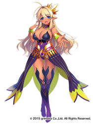 Rule 34 | 1girl, blonde hair, blue eyes, blush, brave sword x blaze soul, breasts, cleavage, copyright name, crown, dark skin, dark-skinned female, full body, large breasts, leotard, long hair, mel/a, open mouth, overskirt, pointy ears, simple background, smile, solo, standing, thighhighs, white background