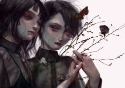 Rule 34 | 1boy, 1girl, black hair, black shirt, blood, blunt bangs, branch, bug, butterfly, closed mouth, cross, expressionless, fingernails, grey eyes, half-closed eyes, hand up, holding hands, insect, insect on face, latin cross, lips, long hair, nose, original, sanpaku, see-through, shirt, short hair, simple background, sitry, snail, swept bangs, tattoo, twig, upper body, white background, wing collar