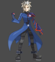 Rule 34 | 1boy, anklet, asatsuki (fgfff), blonde hair, blue coat, boots, closed mouth, coat, commentary request, creatures (company), facepaint, full body, game freak, gloves, grey background, hand up, highres, holding, holding poke ball, jewelry, long sleeves, looking at viewer, male focus, nintendo, orange eyes, pants, parted bangs, poke ball, poke ball (basic), pokemon, pokemon colosseum, short hair, simple background, smile, solo, standing, wes (pokemon)