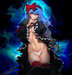 Rule 34 | 1girl, blue hair, bow, bow panties, breasts, dress, earrings, frills, gradient background, hair bow, ice witch (knight run), jewelry, knight run, long hair, looking at viewer, navel, open clothes, panties, red eyes, small breasts, smile, solo, sword, thighhighs, underwear, weapon, yd (orange maru)